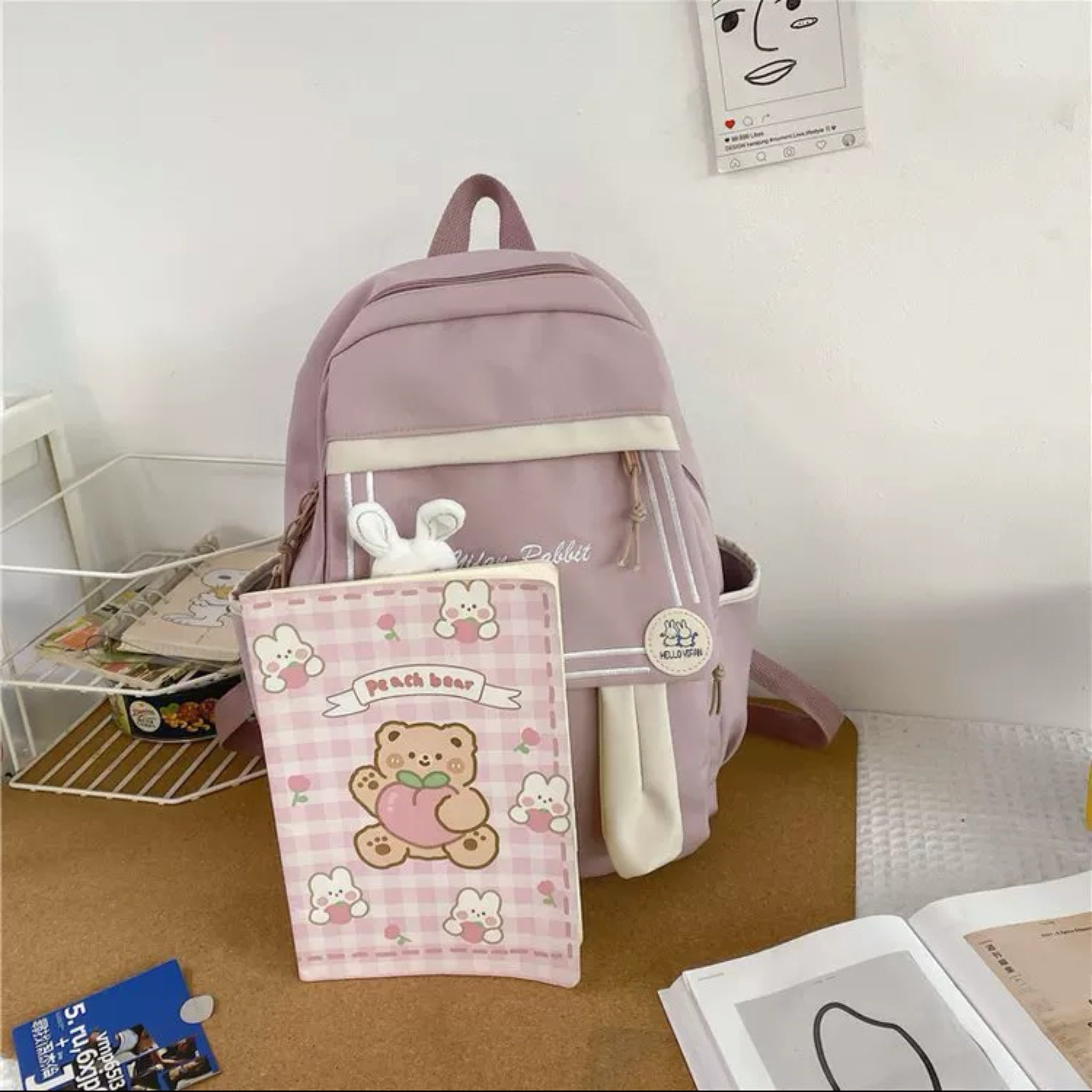 Cute Rabbit Ears Backpack for Teen Girls Kawaii Nylon School Bag with Plush Rabbit Decoration